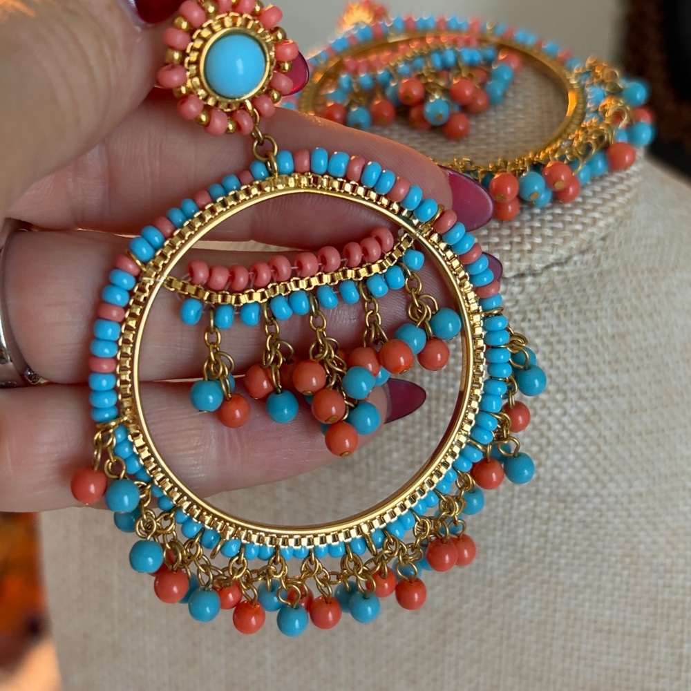Vibrant Beaded Hoop Earrings in Gold, Turquoise, and Coral  screw back
